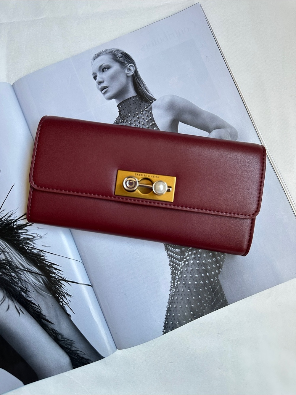 Charles & Keith Burgundy Leather Wallet with Gold Turn-Lock